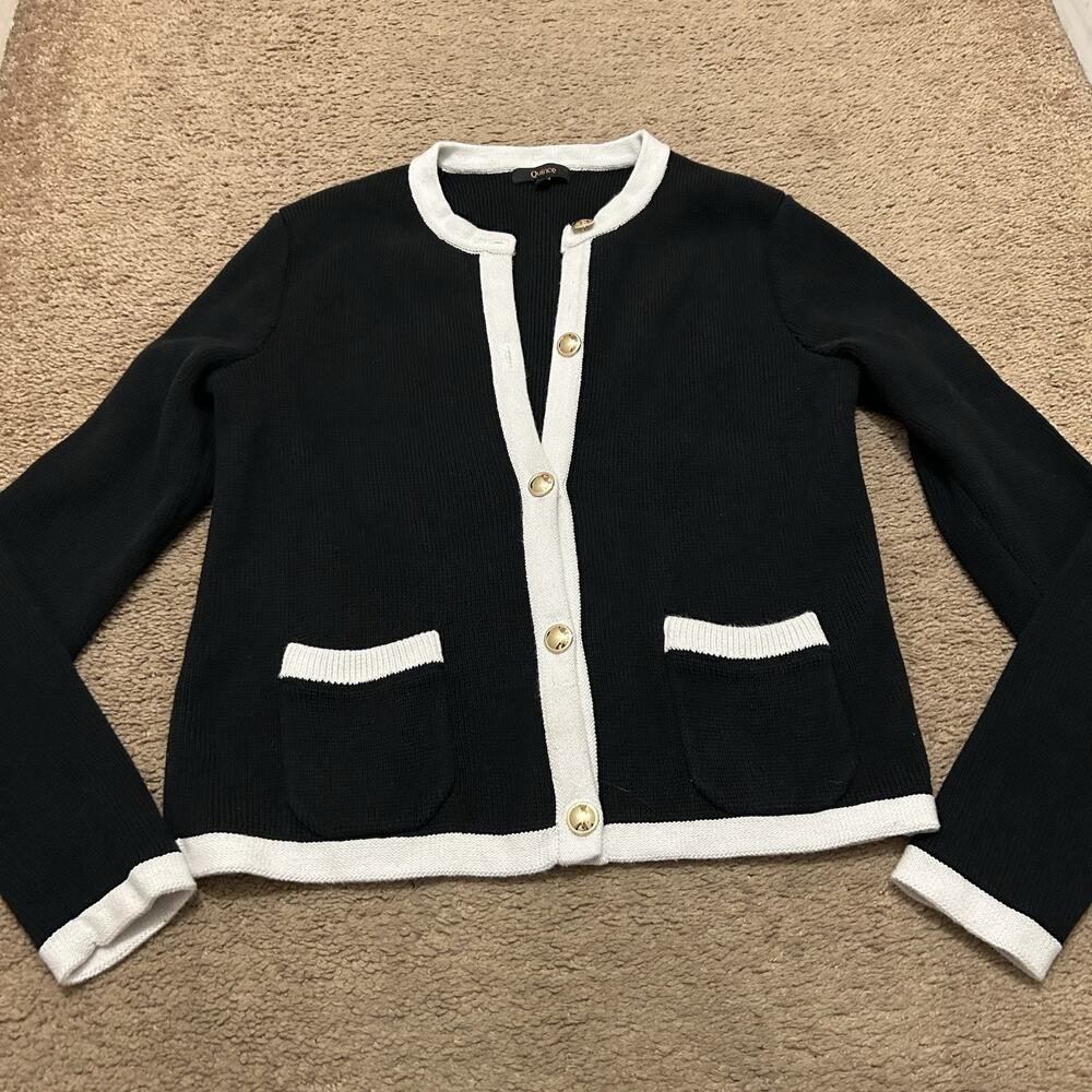 Quince 100% Organic Cotton Knit Sweater Jacket Black Ivory Colorblock Size Small